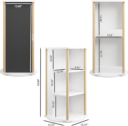 Ikebana Rotating Bookshelf Kids, 3 Tier Rotating Bookshelf Tower with Chalkboard, 360 Display Floor Standing Revolving Corner Bookcase and Narrow Book Shelf Organizer