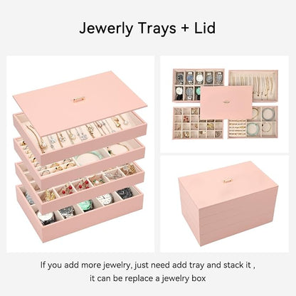Voova Stackable Jewelry Organizer Tray with Lid, PU Leather Jewelry Storage Holder for Drawer Inserts, Jewellery Display Box Case for Earring Necklace Ring Watch Bracelet (Set of 4, Pink)