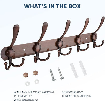 TICONN Wall Mounted Coat Rack, Five Heavy Duty Tri Hooks All Metal Construction for Jacket Coat Hat in Mudroom Entryway (Antique Bronze, 1-Pack)