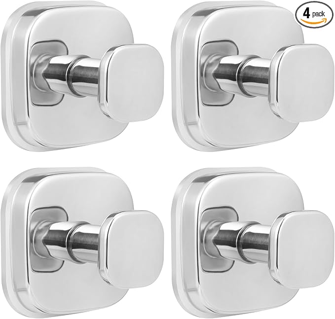 Fenas No-Drill Reusable Suction Cup Hooks, Towel, Robe, Loofah, Coat Hook for Glass, Mirror, Tile, Shower, Bathroom, Kitchen & Metal (Smooth, Non-Porous Surfaces) (4, Chrome Polished)