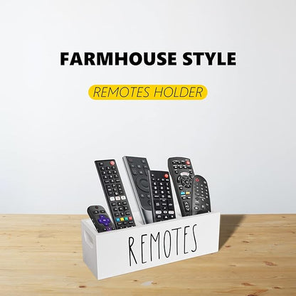 CHONIC Remote Control Holder, Farmhouse Remote Storage Caddy, Bedside TV Controller Box, Rustic Wood Media Organizer Tray for Home Bedroom Table (White)