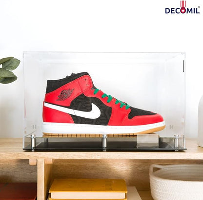 DECOMIL – Shoe Display Case, Acrylic Shoe Display Box, 2 Shoes Display, 16"x10"x12" Clear Display, Mirrored Floor Sports Memorabilia Case