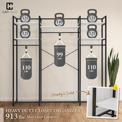 CAPHAUS 913lbs Capacity Heavy Duty Clothing Rack, 75" W Metal Garment Rack with Drawers Hanging Rods and Wood Shelves, Freestanding Closet Organizer, White Board
