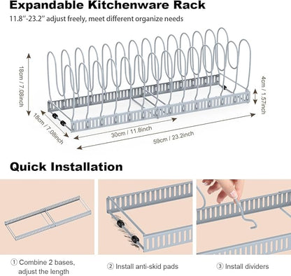 Housolution Pot and Pan Organizer Rack for Cabinet, Upgraded Expandable Pot Lid Organizer with 14 Adjustable Dividers, Pan Holder Storage Rack for Kitchen Cabinet, Grey