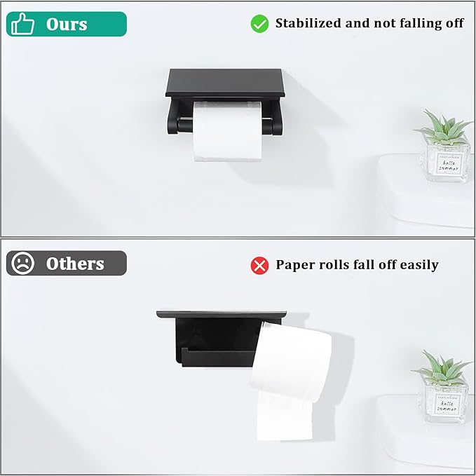 Alise Black Toilet Paper Holder,Bathroom Adhesive Toilet Paper Holder SUS304 Stainless Steel Toilet Paper Roll Holder with Shelf Spring Loaded Tissue Holder Wall Mount(Adhesive or Screw)