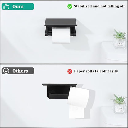 Alise Black Toilet Paper Holder,Bathroom Adhesive Toilet Paper Holder SUS304 Stainless Steel Toilet Paper Roll Holder with Shelf Spring Loaded Tissue Holder Wall Mount(Adhesive or Screw)