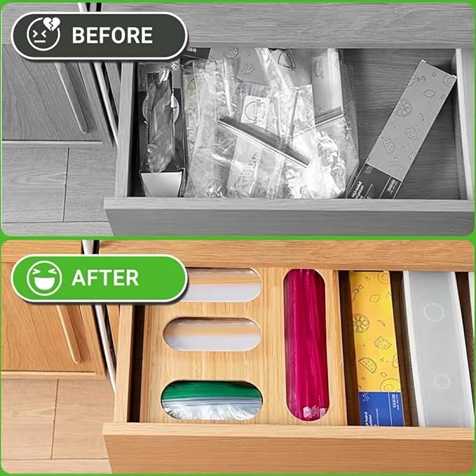 Ziplock Bag Organizer, Bamboo Storage Bag Holder Baggie Organizer for Drawer and Wall Mount, 4 Compartments for Gallon, Quart, Sandwich, Snack Size Bag (1)