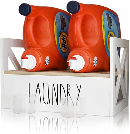 CHONIC Detergent Holder for Laundry Room, Farmhouse Dispenser, Liquid Soap Storage Organization, Stand With Drip Catcher Tray and Measuring Cup, Laundry Station Organizer, White