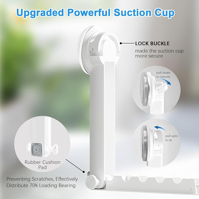 Foldable Clothes Drying Rack with Suction Cup, Wall-Mounted Clothes Drying Rod with Retractable Rod for Laundry Bathroom RV Balcony, Travel Portable Drying Rack for Clothe, White