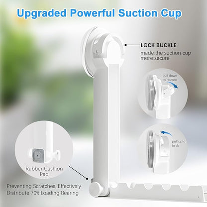 Foldable Clothes Drying Rack with Suction Cup, Wall-Mounted Clothes Drying Rod with Retractable Rod for Laundry Bathroom RV Balcony, Travel Portable Drying Rack for Clothe, White