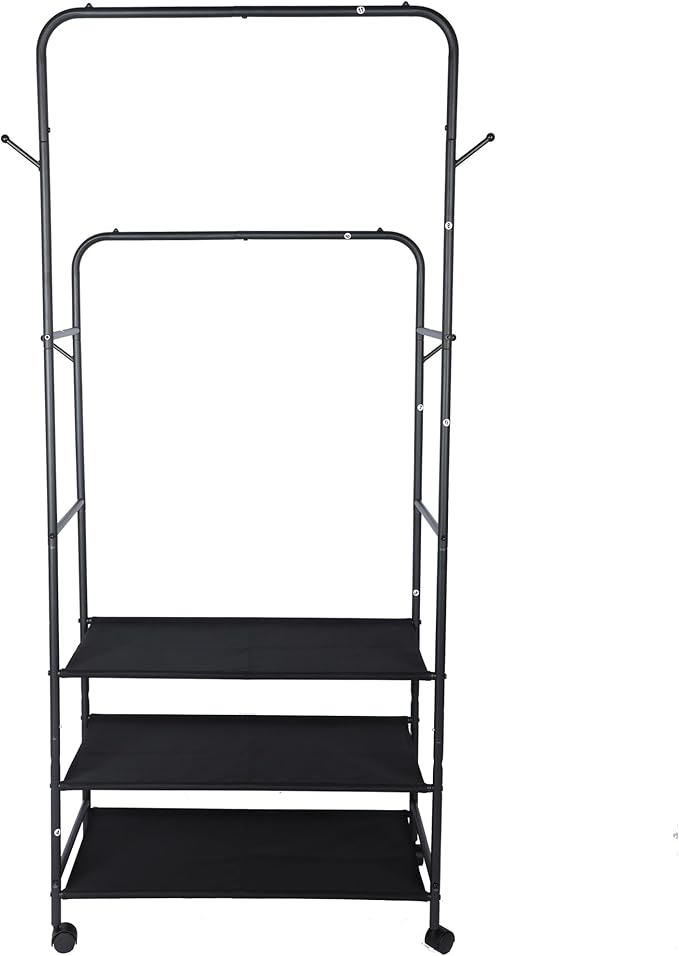 Whitmor Double Rod Clothes Rack: Metal Rolling Clothing Racks for Hanging Clothes, Heavy Duty Garment Rack with 3 Shelves, Portable Clothes Organizer for Bedroom, Laundry, Living Room, Black