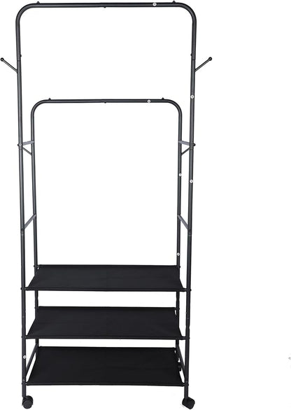 Whitmor Double Rod Clothes Rack: Metal Rolling Clothing Racks for Hanging Clothes, Heavy Duty Garment Rack with 3 Shelves, Portable Clothes Organizer for Bedroom, Laundry, Living Room, Black