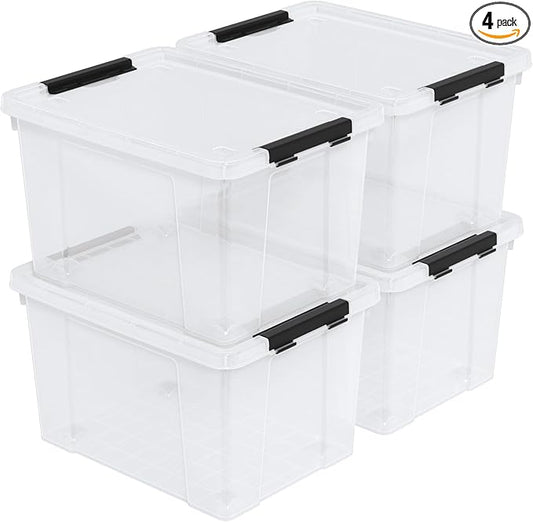 Buyitt 50 Quart Heavy Duty Clear Storage Container with Wheels & Lid, Latching Plastic Storage Box Bin (19.84L x 15W x 12.6H), Stackable, See-Through Organization Tote (4 Pack)