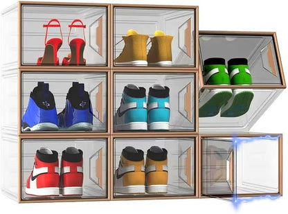 ADTO X-Large Stackable Shoe Boxes - Clear Plastic Shoe Storage Boxes with Magnetic Door, Thicken Shoe Organizer for Closet, Space Saving Foldable Shoe Containers Bins for Sneaker Boot - 8 Pack(Brown)