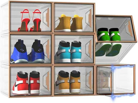 ADTO X-Large Stackable Shoe Boxes - Clear Plastic Shoe Storage Boxes with Magnetic Door, Thicken Shoe Organizer for Closet, Space Saving Foldable Shoe Containers Bins for Sneaker Boot - 8 Pack(Brown)
