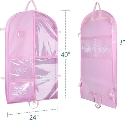 Zilink 40" Dance Costume Garment Bag Clear Dance Costume Bag for Hanging Storage with 5 Clear Zipper Pockets Stable Buckles and Carry Handles for Dance Competition Closet Storage, Pink