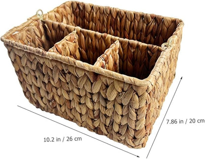 Woven Straw Storage Basket for Kitchen Home Decor Utensil Organizer Multi-compartment Cutlery Holder Folding Handle Natural Style