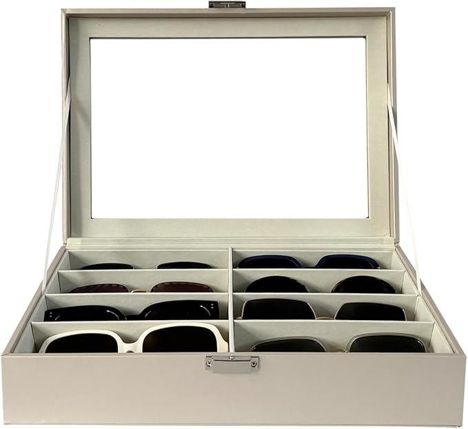 UnionPlus 8-Slots Sunglasses Case Organizer, Eyeglass Glasses Display Holder Collector, Multiple Sunglasses Storage Case, Pearly-lustre Beige