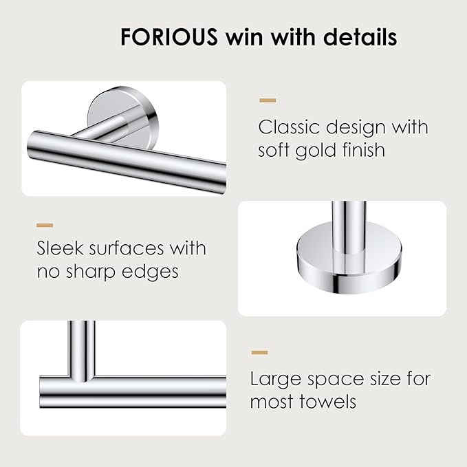 FORIOUS Towel Bar Wall Mounted, Stainless Steel Towel Racks for Bathroom, Includes Wall Mounting Hardware (Chrome, 26 Inch)