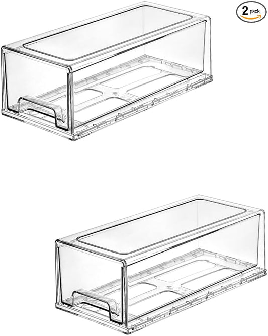 2 Pack Stackable Pull-Out Storage Drawers,Plastic Clear Organizer Bins with Handles,Easily Clean for Craft,and Toy Organization,Kitchen,Undersink,Cabinet,Fridge,Closet,Pantry,Office,Bathroom