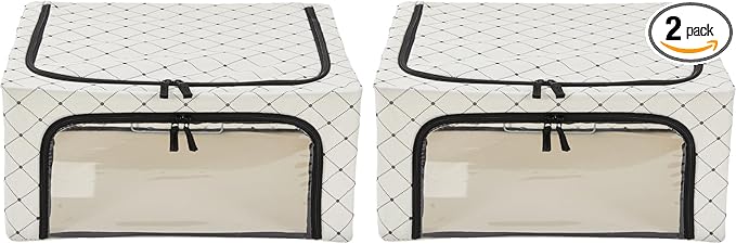 Periea Oxford Cloth Steel Frame Storage Boxes - Under-Bed or in Closet - Pack of 2 Medium Organizers (Black Dots)