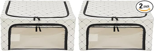 Periea Oxford Cloth Steel Frame Storage Boxes - Under-Bed or in Closet - Pack of 2 Medium Organizers (Black Dots)