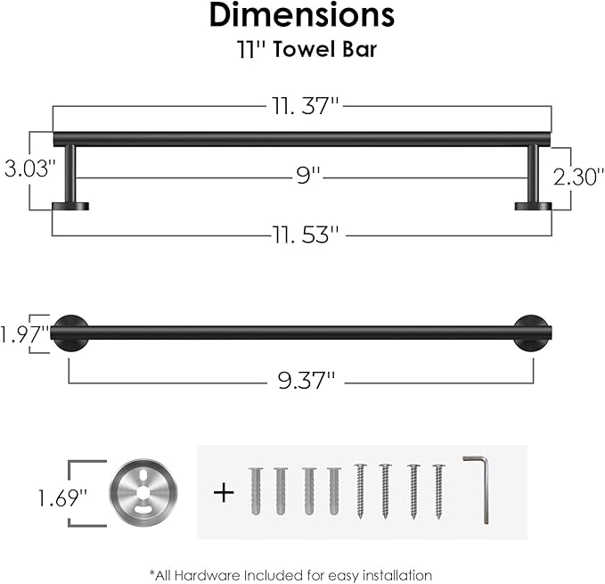 FORIOUS Towel Bar for Bathroom Wall Mounted, 304 Stainless Steel Towel Racks Includes Wall Mounting Hardware, Suitable for Bathroom, RV (Matte Black, 9 Inch)