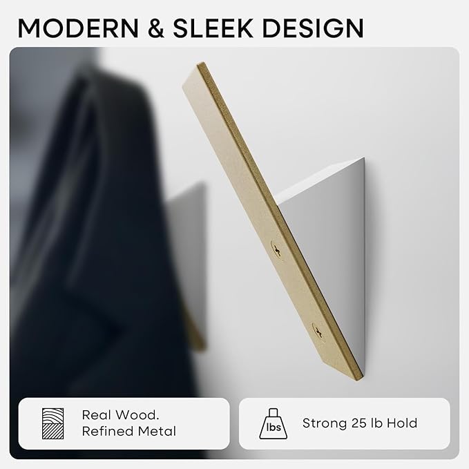 Homeforia Gold Wall Coat Hooks, High End White Wood & Gold Metal Wall Mounted Clothing Hook, Mid-Century Modern Clothes Hooks, Heavy Duty Wooden Hook for Hanging Coats, Hats, Towels & More, Set of 3