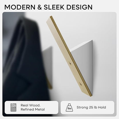 Homeforia Gold Wall Coat Hooks, High End White Wood & Gold Metal Wall Mounted Clothing Hook, Mid-Century Modern Clothes Hooks, Heavy Duty Wooden Hook for Hanging Coats, Hats, Towels & More, Set of 3