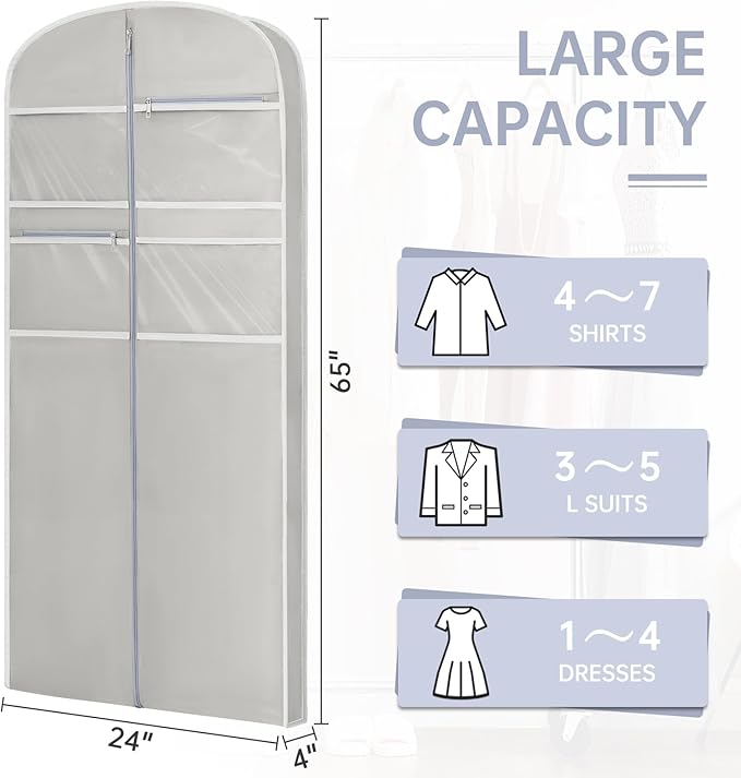 65" Garment Bag for Travel for Hanging Clothes Storage Hanging Suit Cover with Zipper and Accessory Storage for Coats, Dresses, Suits