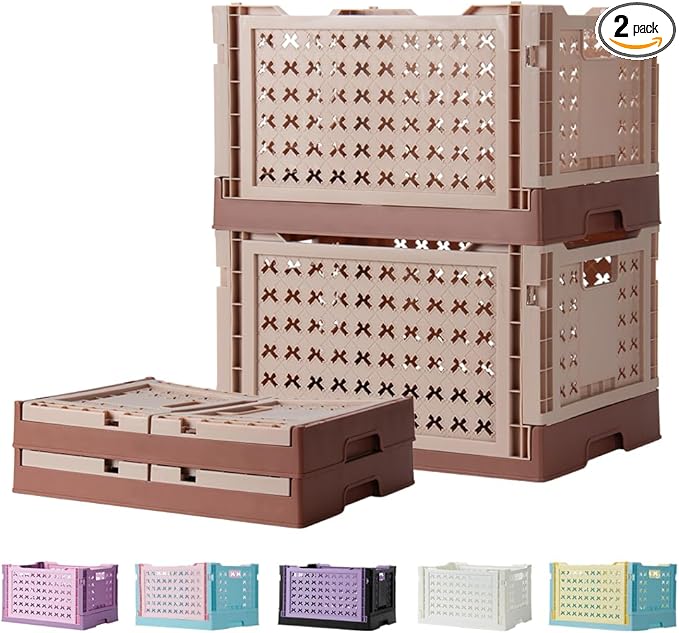 Stackable Plastic Closet Storage Basket, 2 Pack Foldable Closet Organizers and Storage Bins, Decorative Basket for Closet, Shelves, Laundry, Wardrobe Organizing (Khaki Coffee)