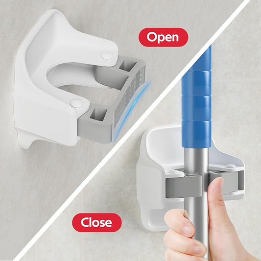 reliahom 5 Pack Broom Holder Wall Mount Mop Grippers No Drilling Self Adhesive Anti-Slip Mop Handle Hanger Dustpan and Broom Organizer Garage Storage Racks-White
