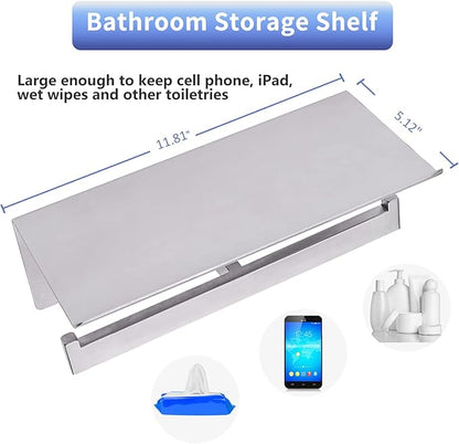 Double Toilet Paper Holder with Shelf,Idealmax Toilet Paper Holder Brushed Nickel,Large Commercial Toilet Paper Dispenser Phone Shelf, Wall Mounted Tissue Roll for Bathroom, Stainless Steel