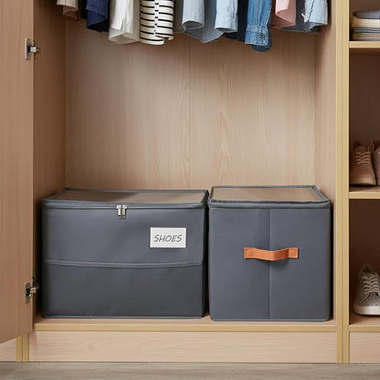 Chewlish Shoe Organizer for Closet, Foldable Shoe Storage Organizer Containers with Clear Cover, Space Saving Shoes Holder with Handles, Gray (1, Large)