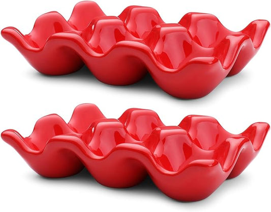 Flexzion Ceramic Egg Tray - 6 Egg Capacity Half Dozen Holder, Red Decorative Serving Dish and Storage Organizer, 2 Pack