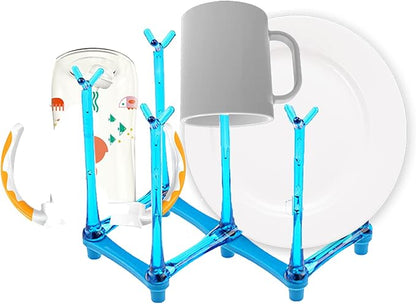 PCTC Retractable Cup Drying Rack, Drinking Glass and Sports Bottle Drainer Stand, Plastic Bag Dryer and Mug Tree with Non-Slip Bottom for Kitchen Countertop (Blue)