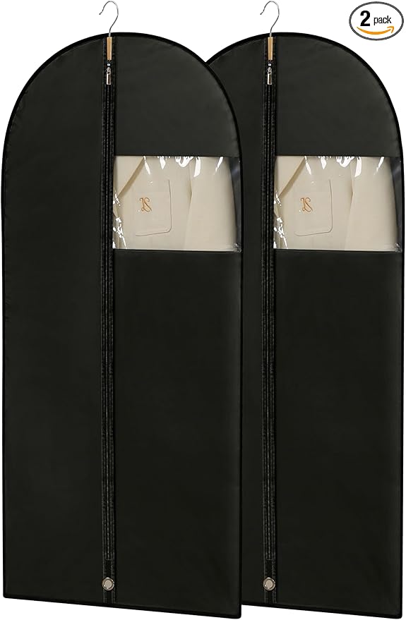 Garment Bags for Hanging Clothes, 50'' Long Dress Bags for Closet Storage, Black Garment Covers with Clear Window for Suits, Coats, Jackets（2 Packs）
