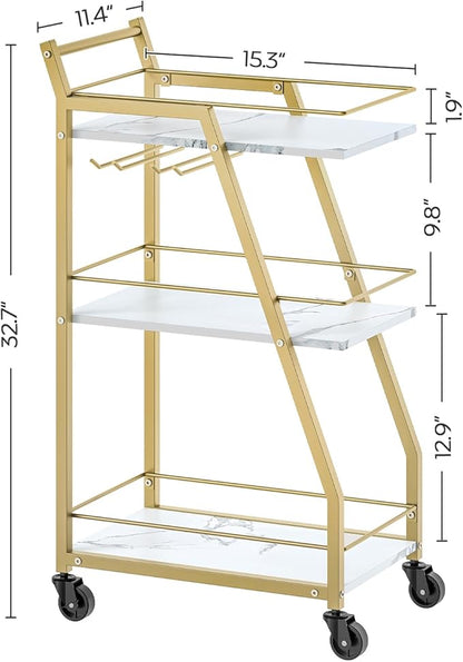 Bar Cart, Gold Bar Cart for The Home, Small Bar Cart on Wheels, Beverage Cart, Home Bar Serving Cart with Glass Holder, Drink Cart for Bar, Kitchen, Marble White and Gold BC03DW