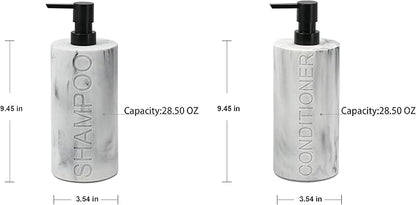 Indecor Home Marble Resin 2 Piece Shampoo and Conditioner Dispenser Set, Luxurious Refillable Pump Bottles with Matte Pump Top and Embossed Text, Durable Design for Bathroom and Shower