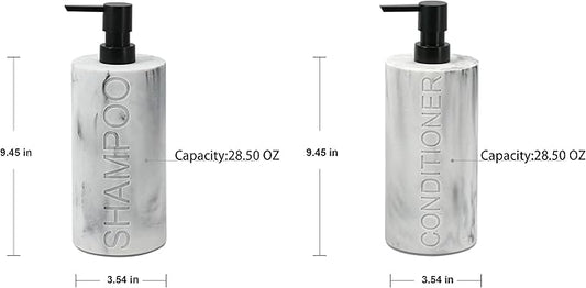 Indecor Home Marble Resin 2 Piece Shampoo and Conditioner Dispenser Set, Luxurious Refillable Pump Bottles with Matte Pump Top and Embossed Text, Durable Design for Bathroom and Shower