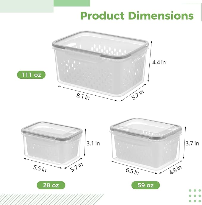 Anjetan 3 Pcs Fruit Storage Containers, Produce Savers with Lids for Fridge, Refrigerator Vegetable Containers with Draining Baskets, Airtight Food Keepers for Kitchen, Microwave Safe