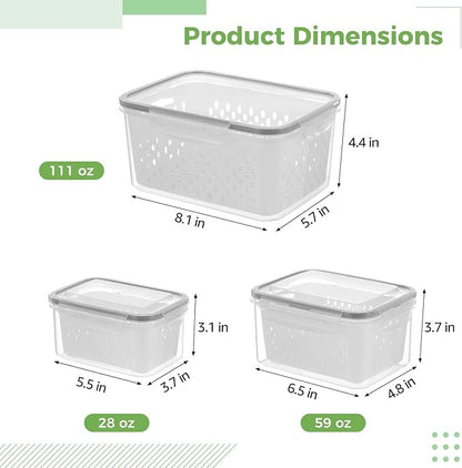 Anjetan 3 Pcs Fruit Storage Containers, Produce Savers with Lids for Fridge, Refrigerator Vegetable Containers with Draining Baskets, Airtight Food Keepers for Kitchen, Microwave Safe