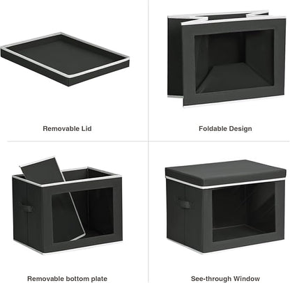 Cube Storage Bins with Lids, Clear Window Storage Baskets for Organizing, Fabric Organizer Bins with Handle, Cloth Storage Bins for Shelves, Closet, Clothes, Towels, 4 Packs, Black