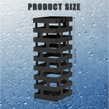 Tudomro Umbrella Stands for Entryway Large Metal Umbrella Holder 6.3 x 5.5 x 16.5 Inches with Removable Water Tray and Hooks Decor Freestanding Rectangular Hollow Rack for Home Office(Black)