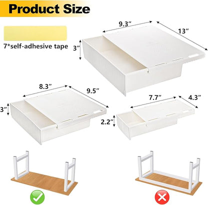 YOUEON 3 Pack Under Desk Drawer Slide Out, Self-Adhesive Under Table Drawer, Hidden Attachable Under Desk Storage Drawers, Stick on Drawers for Office, Home, School, White