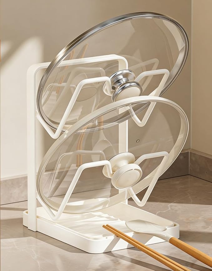 Kitchen Pot Lid Storage Rack, Thickened Carbon Steel Material Pot Lid Holder While Cooking, Multifunctional Kitchen Pot Cover Organizer for Countertop, With Removable Drip Tray (Milky whtie)