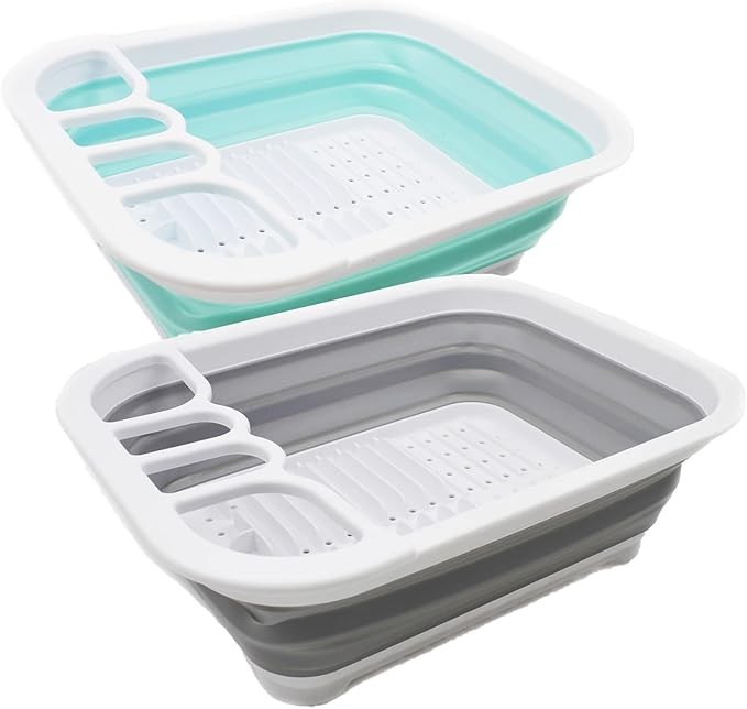 SAMMART Collapsible Dish Drainer - Foldable Drying Rack Set - Portable Dinnerware Organizer - Space Saving Kitchen Utensil Storage Tray (2, Grey + Lake Green (Set of 2))