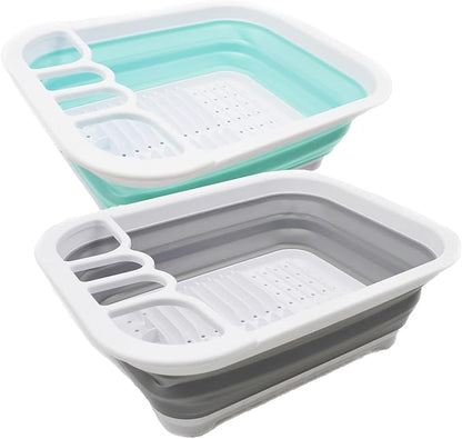 SAMMART Collapsible Dish Drainer - Foldable Drying Rack Set - Portable Dinnerware Organizer - Space Saving Kitchen Utensil Storage Tray (2, Grey + Lake Green (Set of 2))