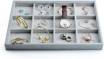 Oirlv Velvet Stackable Jewelry Display Trays 12 Grids Rings Earrings Bracelet Organizer Storage Tray(13.8"x1.29"x9.4")