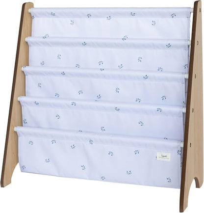 3 Sprouts Recycled Fabric Kids Bookshelf – 4-Tier Sling Book Rack Organizer - Nursery Room Playroom Classroom Wooden Book Shelves - Kid Bookcase Wood Storage Shelf for Toddler Age 3+ - Blueberry Mist